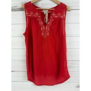 Lucky Brand Red Embroidered V Neck Sleeveless Peasant Top Women's‎ Medium